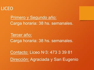 LICEO
Primero y Segundo año:
Carga horaria: 38 hs. semanales.
Tercer año:
Carga horaria: 38 hs. semanales.
Contacto: Liceo N°3: 473 3 39 81
Dirección: Agraciada y San Eugenio
 