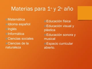 Materias para 1° y 2° año
Matemática
Idioma español
Inglés
Informática
Ciencias sociales
Ciencias de la
naturaleza
Educación física
Educación visual y
plástica
Educación sonora y
musical
Espacio curricular
abierto.
 
