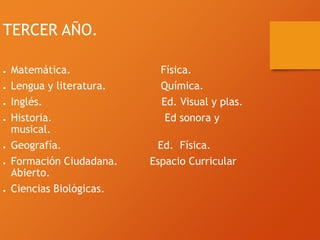 TERCER AÑO.
● Matemática. Física.
● Lengua y literatura. Química.
● Inglés. Ed. Visual y plas.
● Historia. Ed sonora y
musical.
● Geografía. Ed. Física.
● Formación Ciudadana. Espacio Curricular
Abierto.
● Ciencias Biológicas.
 