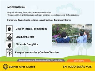 IMPLEMENTACIÓN

• Capacitaciones y desarrollo de recursos educativos.
• Introducción de prácticas sustentables y acciones concretas dentro de las escuelas.

El programa lleva adelante acciones en cuatro pilares de manera integral:



          Gestión Integral de Residuos


          Salud Ambiental

          Eficiencia Energética


         Energías renovables y Cambio Climático
 