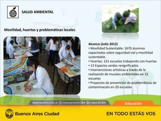 SALUD AMBIENTAL



Movilidad, huertas y problemáticas locales


                                             Alcance (Julio 2012)
                                             • Movilidad Sustentable: 1670 alumnos
                                             capacitados sobre seguridad vial y movilidad
                                             sustentable.
                                             • Huertas: 121 escuelas trabajando con huertas
                                             • 13 Espacios verdes resignificados
                                             • Intervenciones artísticas a través de la
                                             realización de murales ambientales en 15
                                             escuelas
                                             • Proyectos de prevención de problemáticas de
                                             contaminación en 20 escuelas
 