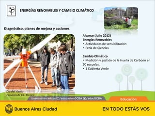 ENERGÍAS RENOVABLES Y CAMBIO CLIMÁTICO



Diagnóstico, planes de mejora y acciones
                                           Alcance (Julio 2012)
                                           Energías Renovables
                                           • Actividades de sensibilización
                                           • Feria de Ciencias

                                           Cambio Climático
                                           • Medición y gestión de la Huella de Carbono en
                                           50 escuelas.
                                           • 1 Cubierta Verde




 Día del Viento
 Escuelas de Ed. Técnica
 