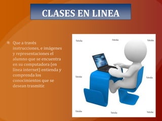 CLASES EN LINEAQue a través instrucciones, e imágenes y representaciones el alumno que se encuentra en su computadora (en línea internet) entienda y comprenda los conocimientos que se desean trasmitir. 