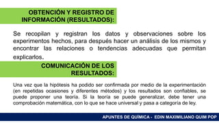 RAMAS DE LA QUÍMICA
Se recopilan y registran los datos y observaciones sobre los
experimentos hechos, para después hacer un análisis de los mismos y
encontrar las relaciones o tendencias adecuadas que permitan
explicarlos.
Una vez que la hipótesis ha podido ser confirmada por medio de la experimentación
(en repetidas ocasiones y diferentes métodos) y los resultados son confiables, se
puede proponer una teoría. Si la teoría se puede generalizar, debe tener una
comprobación matemática, con lo que se hace universal y pasa a categoría de ley.
APUNTES DE QUÍMICA - EDIN MAXIMILIANO QUIM POP
OBTENCIÓN Y REGISTRO DE
INFORMACIÓN (RESULTADOS):
COMUNICACIÓN DE LOS
RESULTADOS:
 