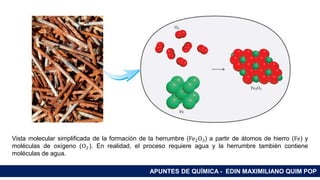 RAMAS DE LA QUÍMICA
Vista molecular simplificada de la formación de la herrumbre (Fe2O3) a partir de átomos de hierro (Fe) y
moléculas de oxígeno (O2). En realidad, el proceso requiere agua y la herrumbre también contiene
moléculas de agua.
APUNTES DE QUÍMICA - EDIN MAXIMILIANO QUIM POP
 
