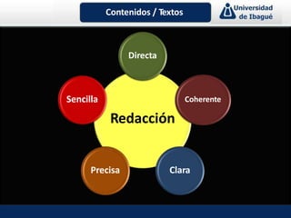 Redacción
Directa
Coherente
ClaraPrecisa
Sencilla
Contenidos / Textos
 