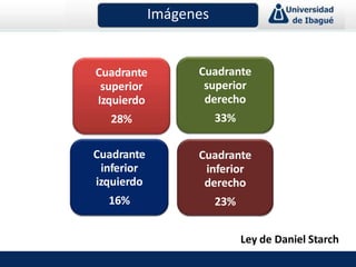 Uso del espacioImágenes
Cuadrante
superior
Izquierdo
28%
Cuadrante
inferior
izquierdo
16%
Cuadrante
superior
derecho
33%
Cuadrante
inferior
derecho
23%
Ley de Daniel Starch
 