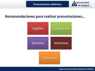 Presentaciones didácticas



Recomendaciones para realizar presentaciones…




                                     Centro de Innovación Educativa ÁVACO
 