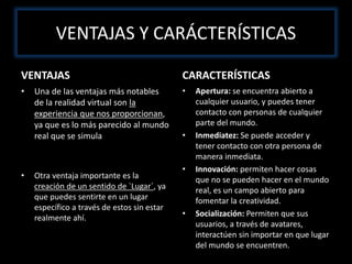 VENTAJAS
• Una de las ventajas más notables
de la realidad virtual son la
experiencia que nos proporcionan,
ya que es lo más parecido al mundo
real que se simula
• Otra ventaja importante es la
creación de un sentido de `Lugar´, ya
que puedes sentirte en un lugar
específico a través de estos sin estar
realmente ahí.
CARACTERÍSTICAS
• Apertura: se encuentra abierto a
cualquier usuario, y puedes tener
contacto con personas de cualquier
parte del mundo.
• Inmediatez: Se puede acceder y
tener contacto con otra persona de
manera inmediata.
• Innovación: permiten hacer cosas
que no se pueden hacer en el mundo
real, es un campo abierto para
fomentar la creatividad.
• Socialización: Permiten que sus
usuarios, a través de avatares,
interactúen sin importar en que lugar
del mundo se encuentren.
VENTAJAS Y CARÁCTERÍSTICAS
 