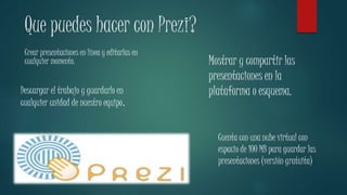 Que puedes hacer con Prezi? 
Crear presentaciones en línea y editarlas en 
cualquier momento. Mostrar y compartir las 
presentaciones en la 
Descargar el trabajo y guardarlo en plataforma o esquema. 
cualquier unidad de nuestro equipo. 
Cuenta con una nube virtual con 
espacio de 100 MB para guardar las 
presentaciones (versión gratuita) 
 