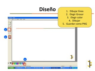 Diseño      1. Dibujar línea
                    2. Elegir Grosor
                     3. Elegir color
                       4. Dibujar
                 5. Guardar como PNG

1


2




    3
 