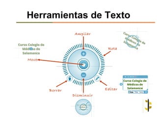 Herramientas de Texto
                 Ampliar


                              Rotar

Mover




        Borrar               Editar
                 Disminuir
 