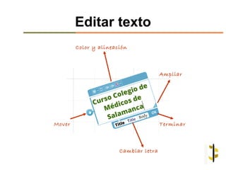 Editar texto
        Color y alineación



                                       Ampliar




Mover                                  Terminar



                       Cambiar letra
 