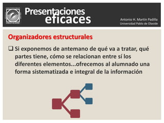 Antonio H. Martín Padilla
Universidad Pablo de Olavide
Organizadores estructurales
 Si exponemos de antemano de qué va a tratar, qué
partes tiene, cómo se relacionan entre sí los
diferentes elementos...ofrecemos al alumnado una
forma sistematizada e integral de la información
 