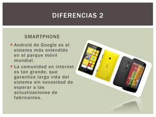 SMARTPHONE
 Android de Google es el
sistema más extendido
en el parque móvil
mundial.
 La comunidad en internet
es tan grande, que
garantiza larga vida del
sistema sin necesidad de
esperar a las
actualizaciones de
fabricantes.
DIFERENCIAS 2
 