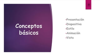 Conceptos
básicos
•Presentación
•Diapositiva
•Estilo
•Animación
•Vista
 