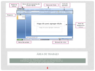 ÁREA DE TRABAJO
   EL ÁR E A DE TR AB AJ O DE LOS PR OGR AM AS DE
PR ESENTACI ONES ELECTR ÓNI CAS SE COMPONE DE
    VAR I OS ELEMENTOS QUE FACI LI TAN DI SEÑAR
DI APOSI TI VAS , ESQUEM ATI Z AR LA I NFOR MACI ÓN Y
COLOCAR AN O TACI ONES QUE SI R VAN DE GUÍ A AL
            MOMENTO DE LA EXPOSICIÓN.



                                6
 