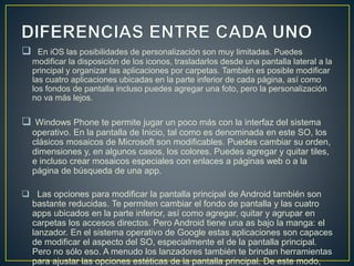  En iOS las posibilidades de personalización son muy limitadas. Puedes
modificar la disposición de los iconos, trasladarlos desde una pantalla lateral a la
principal y organizar las aplicaciones por carpetas. También es posible modificar
las cuatro aplicaciones ubicadas en la parte inferior de cada página, así como
los fondos de pantalla incluso puedes agregar una foto, pero la personalización
no va más lejos.
 Windows Phone te permite jugar un poco más con la interfaz del sistema
operativo. En la pantalla de Inicio, tal como es denominada en este SO, los
clásicos mosaicos de Microsoft son modificables. Puedes cambiar su orden,
dimensiones y, en algunos casos, los colores. Puedes agregar y quitar tiles,
e incluso crear mosaicos especiales con enlaces a páginas web o a la
página de búsqueda de una app.
 Las opciones para modificar la pantalla principal de Android también son
bastante reducidas. Te permiten cambiar el fondo de pantalla y las cuatro
apps ubicados en la parte inferior, así como agregar, quitar y agrupar en
carpetas los accesos directos. Pero Android tiene una as bajo la manga: el
lanzador. En el sistema operativo de Google estas aplicaciones son capaces
de modificar el aspecto del SO, especialmente el de la pantalla principal.
Pero no sólo eso. A menudo los lanzadores también te brindan herramientas
para ajustar las opciones estéticas de la pantalla principal. De este modo,
 