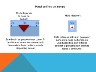Panel de línea del tiempo
Controlador de
la línea de
tiempo:
Este botón se puede mover con el fin
de ubicarse en un momento exacto
dentro de la línea de tiempo de la
diapositiva actual.
Hold (detener):
Este botón se activa en cualquier
parte de la línea de tiempo de
una diapositiva, con el fin de
detener la presentación, cuando
llegue a ese punto.
 