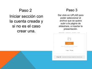 Paso 2
Iniciar sección con
la cuenta creada y
si no es el caso
crear una.
Paso 3
Dar click en UPLAD para
poder seleccionar el
archivo que se quiera
subir a la página de
slideshare, e insertar la
presentación.
 