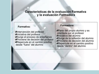Características de la evaluación Formativa  y la  evaluación  Formadora <ul><li>Formativa: </li></ul><ul><li>Intervención ...