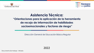2021
Asistencia Técnica:
“Orientaciones para la aplicación de la herramienta
de recojo de información de habilidades
socioemocionales y factores de riesgo”
2022
Dirección General de Educación Básica Regular
Documento de trabajo - Minedu
 