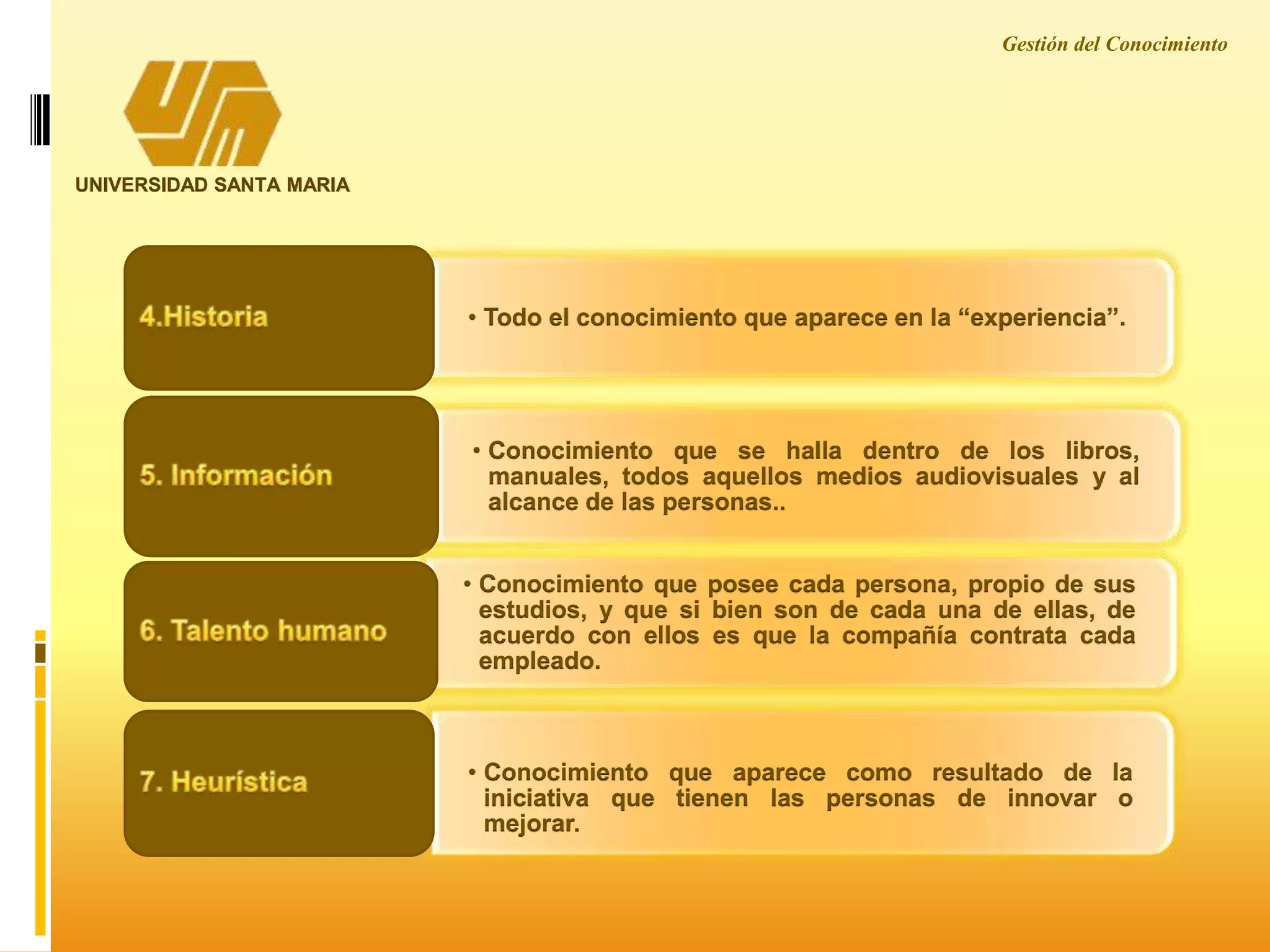 UNIVERSIDAD SANTA MARIA
• Todo el conocimiento que aparece en la “experiencia”.
• Conocimiento que se halla dentro de los libros,
manuales, todos aquellos medios audiovisuales y al
alcance de las personas..
• Conocimiento que posee cada persona, propio de sus
estudios, y que si bien son de cada una de ellas, de
acuerdo con ellos es que la compañía contrata cada
empleado.
• Conocimiento que aparece como resultado de la
iniciativa que tienen las personas de innovar o
mejorar.
Gestión del Conocimiento
 