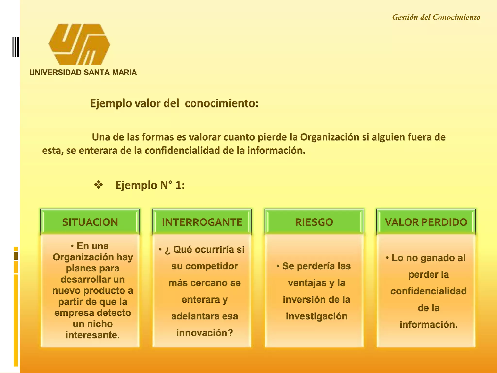 UNIVERSIDAD SANTA MARIA
Ejemplo valor del conocimiento:
Una de las formas es valorar cuanto pierde la Organización si alguien fuera de
esta, se enterara de la confidencialidad de la información.
SITUACION
• En una
Organización hay
planes para
desarrollar un
nuevo producto a
partir de que la
empresa detecto
un nicho
interesante.
INTERROGANTE
• ¿ Qué ocurriría si
su competidor
más cercano se
enterara y
adelantara esa
innovación?
RIESGO
• Se perdería las
ventajas y la
inversión de la
investigación
VALOR PERDIDO
• Lo no ganado al
perder la
confidencialidad
de la
información.
 Ejemplo N° 1:
Gestión del Conocimiento
 