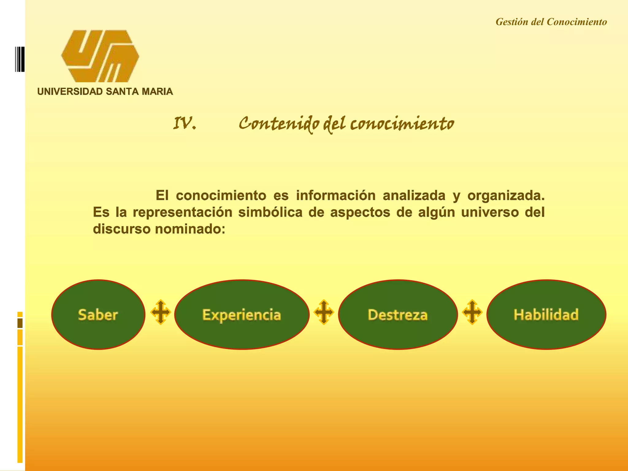 IV. Contenido del conocimiento
UNIVERSIDAD SANTA MARIA
El conocimiento es información analizada y organizada.
Es la representación simbólica de aspectos de algún universo del
discurso nominado:
Gestión del Conocimiento
 
