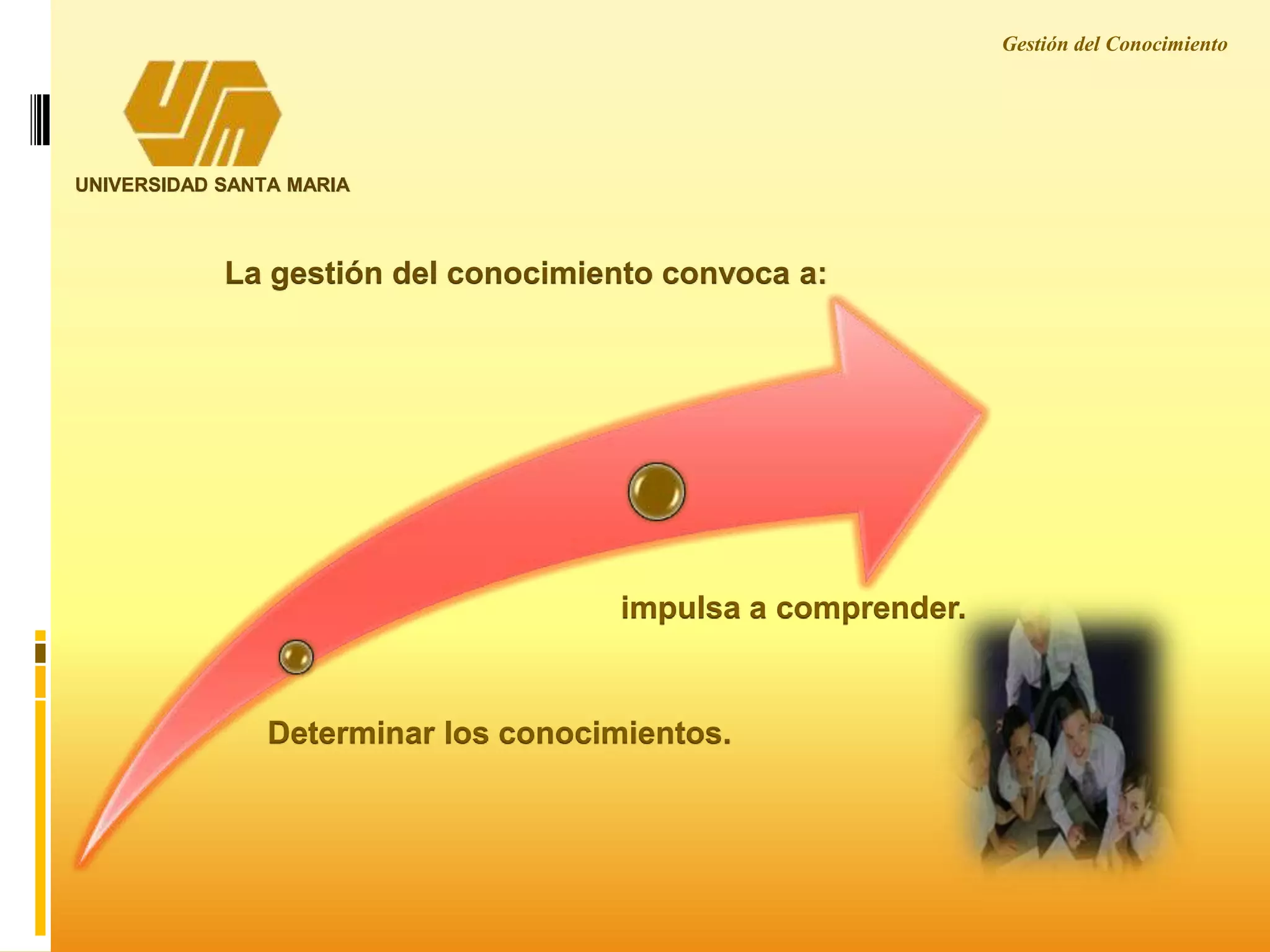 UNIVERSIDAD SANTA MARIA
La gestión del conocimiento convoca a:
Determinar los conocimientos.
impulsa a comprender.
Gestión del Conocimiento
 