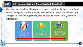 ¿En qué consiste una Presentación Interactiva?
6
• Consiste en emplear diferentes recursos multimedia que combinen
textos, imágenes, audio y video, que permitan crear situaciones que
atraigan la atención, logren mejores niveles de motivación, y admitan la
interacción.
¿Cómo
mejoramos la
motivación?
¿Cómo lo
presentamos?
¿Qué recursos
necesitamos?
 