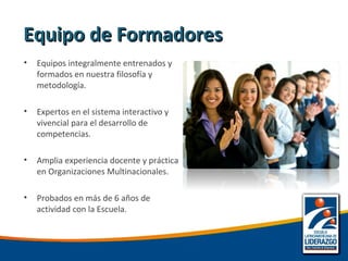 • Equipos integralmente entrenados y
formados en nuestra filosofía y
metodología.
• Expertos en el sistema interactivo y
vivencial para el desarrollo de
competencias.
• Amplia experiencia docente y práctica
en Organizaciones Multinacionales.
• Probados en más de 6 años de
actividad con la Escuela.
Equipo de FormadoresEquipo de Formadores
 