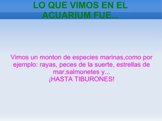 QUE ES EL ACUARIUM El Acuarium es:una cúpula de agua donde hay muchos tipos de animales marinos. 