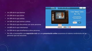 • Un 10% de lo que leemos
• Un 20% de lo que oímos
• Un 30% de lo que vemos
• Un 50% de lo que vemos y oímos
• Un 70% de lo que discutimos con otras personas
• Un 80% de lo que intentamos
• Un 95% de lo que enseñamos a otras personas.
• Por ello, al acompañar una exposición oral con una presentación online sacaremos el máximo rendimiento de las
personas que nos escuchan.
 