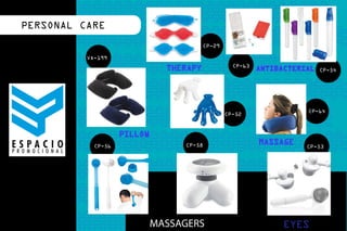 eco productos . promocionales - corporativo exclusivo
                                                        PERSONAL CARE
                                                                                     CP-29

                                                                  VA-199
                                                                                               CP-63
                                                                                                              CP-54




                                                                                                          CP-64
                                                                                             CP-52



           ESPACIO PROMOCIONAL
                                                                    CP-56        CP-58                    CP-53




                                                             VARIETIES
                                                                            MASSAGERS                  EYES
 
