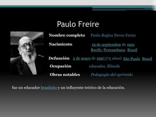 Paulo Freire
                     Nombre completo         Paulo Reglus Neves Freire

                     Nacimiento              19 de septiembre de 1921
                                             Recife, Pernambuco Brasil

                     Defunción 2 de mayo de 1997 (75 años) São Paulo Brasil

                      Ocupación             educador, filósofo

                      Obras notables          Pedagogía del oprimido


fue un educador brasileño y un influyente teórico de la educación.
 