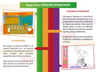 Juegos Para: ESPACIOS INTERACTIVOS
                                                               COLOREA EL PERSONAJE

                                                          Este juego se colocará en un dummie en
                                                          forma de pincel el cual indicará que es un
                                                          juego de pintura, donde el niño podrá elegir
                                                          los dibujos que quisieran pintar, todos los
                                                          dibujos estarán en trazos con diferentes
                                                          tipos de dibujos como: personas, animales,
                                                          juguetes, paisajes, ambientes. Etc.

                                                          El objetivo de este dummie es estimulan la
                                                          imaginación, creatividad, la sensibilidad de
          EL AHORCADO                                     transmitir.

Este juego se colocará también en el
espacio interactivo con un dummie
con la forma alusiva al juego, donde los
niños     tendrán     que     responder
preguntas sobre temas muy básicas.

Cada vez que el niño no acierte con la
letra correcta se aumentará una parte
del cuerpo a crecer del ahorcado.
 