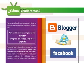 ¿Cómo venderemos?

Vamos a utilizar la tecnología para llegar al
máximo de cliente regionalmente a través
de:


 • Página web de la empresa en inglés y español

                 • Twitter
  • Página en redes sociales
                 • BLOG

Todo en una misma línea desde entrega
de tips y conocimiento de la “educación o
entretención interactiva con los niños”
hasta promoción de nuestros productos,
nuevos modelos de módulos, nuevos
juegos y soportes novedosos interactivos.
 