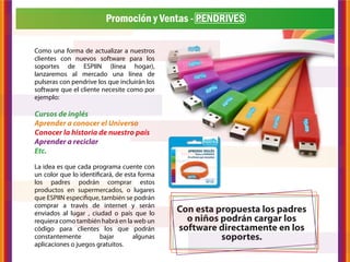 Promoción y Ventas - PENDRIVES

Como una forma de actualizar a nuestros
clientes con nuevos software para los
soportes de ESPIIN (línea hogar),
lanzaremos al mercado una línea de
pulseras con pendrive los que incluirán los
software que el cliente necesite como por
ejemplo:

Cursos de inglés
Aprender a conocer el Universo
Conocer la historia de nuestro país
Aprender a reciclar
Etc.
La idea es que cada programa cuente con
un color que lo identificará, de esta forma
los padres podrán comprar estos
productos en supermercados, o lugares
que ESPIIN especifique, también se podrán
comprar a través de internet y serán
enviados al lugar , ciudad o país que lo      Con esta propuesta los padres
requiera como también habrá en la web un        o niños podrán cargar los
código para clientes los que podrán           software directamente en los
constantemente          bajar       algunas             soportes.
aplicaciones o juegos gratuitos.
 