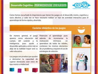 Desarrollo Cognitivo - POR MEDIOS DE LOS JUEGOS


Como hemos escuchado la importancia que tienen los juegos en el desarrollo motriz, cognitivo y
socio afectivo, y cada vez se hace necesario realizar un tipo de actividad interactiva para el
aprendizaje de forma rápida y divertida.



                             Carácter didáctico de los juegos

De manera general, el juego            Potencian el aprendizaje pues
aparece como educación del             además      de     incrementar    la
cuerpo, del carácter y la              motivación        intrínseca     en
inteligencia,    pues    ayuda     a   aprendices de todas las edades,
desarrollar aptitudes y entre más se   contienen los mismos elementos
aleje de la realidad mayor será su     de un problema y requiere el uso de
valor educativo.                       estrategias de solución.

Los juegos son pruebas que ayudan
a demostrar la capacidad de
superar obstáculos sean estos de
tipo motriz o intelectual.
 