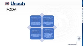 FODA
FORTALEZAS: me ayuda a
crear presentaciones
interactivas y
entretenidas
Me ayuda a la hora de
realizar una presentación
ya que es fácil de usar.
OPORTUNIDADES: me da
la oportunidad de
trabajar online con mis
compañeros.
Me da la oportunidad de
corregirme en los errores
ortográficos.
DEBILIDADES: una
debilidad es que pesa
mucho el archivo.
Otra debilidad es que no
hay suficiente espacio en
una diapositiva.
AMENAZAS: una
amenaza es que puedo
contagiarme de virus.
Otra amenaza es que a
veces no se guarda
correctamente en la
nube y perder toda mi
información.
 