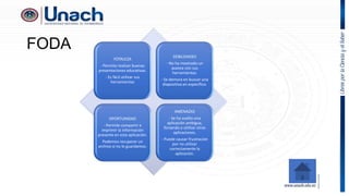 FODA
FOTALEZA
- Permite realizar buenas
presentaciones educativas.
- Es fácil utilizar sus
herramientas
DEBILIDADES
- No ha mostrado un
avance con sus
herramientas.
- Se demora en buscar una
diapositiva en especifico.
OPORTUNIDAD
- Permite compartir e
imprimir la información
presente en esta aplicación.
Podemos recuperar un
archivo si no lo guardamos.
AMENAZAS
- Se ha vuelto una
aplicación ambigua,
forzando a utilizar otras
aplicaciones.
- Puede causar frustración
por no utilizar
correctamente la
aplicación.
 