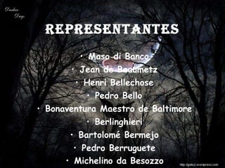 REPRESENTANTES Maso di Banco  Jean de Beaumetz  Henri Bellechose  Pedro Bello  Bonaventura Maestro de Baltimore  Berlinghieri  Bartolomé Bermejo  Pedro Berruguete  Michelino da Besozzo   