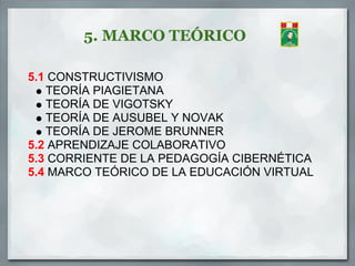 5. MARCO TEÓRICO

5.1 CONSTRUCTIVISMO
   TEORÍA PIAGIETANA
   TEORÍA DE VIGOTSKY
   TEORÍA DE AUSUBEL Y NOVAK
   TEORÍA DE JEROME BRUNNER
5.2 APRENDIZAJE COLABORATIVO
5.3 CORRIENTE DE LA PEDAGOGÍA CIBERNÉTICA
5.4 MARCO TEÓRICO DE LA EDUCACIÓN VIRTUAL
 