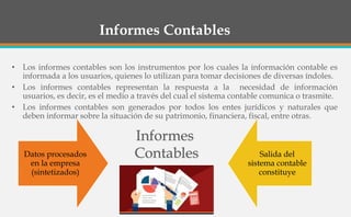 Informes Contables
• Los informes contables son los instrumentos por los cuales la información contable es
informada a los usuarios, quienes lo utilizan para tomar decisiones de diversas índoles.
• Los informes contables representan la respuesta a la necesidad de información
usuarios, es decir, es el medio a través del cual el sistema contable comunica o trasmite.
• Los informes contables son generados por todos los entes jurídicos y naturales que
deben informar sobre la situación de su patrimonio, financiera, fiscal, entre otras.
Datos procesados
en la empresa
(sintetizados)
Salida del
sistema contable
constituye
Informes
Contables
 