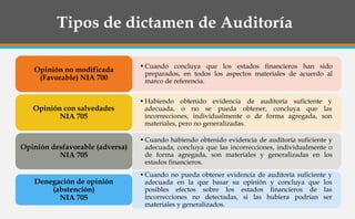 Tipos de dictamen de Auditoría
•Cuando concluya que los estados financieros han sido
preparados, en todos los aspectos materiales de acuerdo al
marco de referencia.
Opinión no modificada
(Favorable) NIA 700
•Habiendo obtenido evidencia de auditoría suficiente y
adecuada, o no se pueda obtener, concluya que las
incorrecciones, individualmente o de forma agregada, son
materiales, pero no generalizadas.
Opinión con salvedades
NIA 705
•Cuando habiendo obtenido evidencia de auditoría suficiente y
adecuada, concluya que las incorrecciones, individualmente o
de forma agregada, son materiales y generalizadas en los
estados financieros.
Opinión desfavorable (adversa)
NIA 705
•Cuando no pueda obtener evidencia de auditoría suficiente y
adecuada en la que basar su opinión y concluya que los
posibles efectos sobre los estados financieros de las
incorrecciones no detectadas, si las hubiera podrían ser
materiales y generalizados.
Denegación de opinión
(abstención)
NIA 705
 