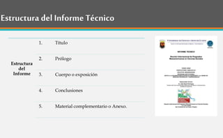 Estructura del Informe Técnico
Estructura
del
Informe
1. Título
2. Prólogo
3. Cuerpo o exposición
4. Conclusiones
5. Material complementario o Anexo.
 