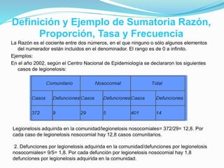 Definición y Ejemplo de Sumatoria Razón,
Proporción, Tasa y Frecuencia
La Razón es el cociente entre dos números, en el que ninguno o sólo algunos elementos
del numerador están incluidos en el denominador. El rango es de 0 a infinito.
Ejemplos:
En el año 2002, según el Centro Nacional de Epidemiología se declararon los siguientes
casos de legionelosis:
Legionelosis adquirida en la comunidad/legionelosis nosocomiales= 372/29= 12,8. Por
cada caso de legionelosis nosocomial hay 12,8 casos comunitarios.
2. Defunciones por legionelosis adquirida en la comunidad/defunciones por legionelosis
nosocomiales= 9/5= 1,8. Por cada defunción por legionelosis nosocomial hay 1,8
defunciones por legionelosis adquirida en la comunidad.
 