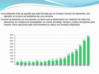 Una población finita es aquella que está formada por un limitado número de elementos, por
ejemplo; el número de habitantes de una comarca.
Cuando la población es muy grande, es obvio que la observación y/o medición de todos los
elementos se multiplica la complejidad, en cuanto al trabajo, tiempo y costos necesarios para
hacerlo. Para solucionar este inconveniente se utiliza una muestra estadística.
 