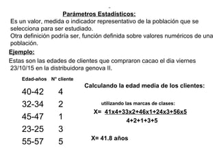 Parámetros Estadísticos:
Es un valor, medida o indicador representativo de la población que se
selecciona para ser estudiado.
Otra definición podría ser, función definida sobre valores numéricos de una
población.
Ejemplo:
Estas son las edades de clientes que compraron cacao el dia viernes
23/10/15 en la distribuidora genova II.
Calculando la edad media de los clientes:
utilizando las marcas de clases:
X= 41x4+33x2+46x1+24x3+56x5
4+2+1+3+5
X= 41.8 años
Edad-años N° cliente
40-42 4
32-34 2
45-47 1
23-25 3
55-57 5
 